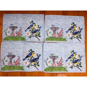 Set of 4 Quilted Embroidered Bluebird Birdbath Floral Placemats Light Blue